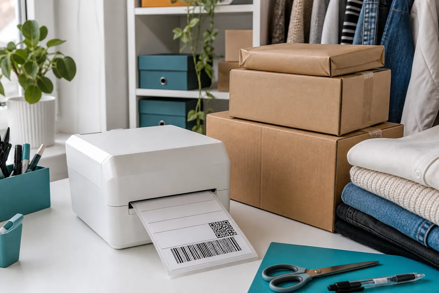 Busy seller workstation with a thermal label printer